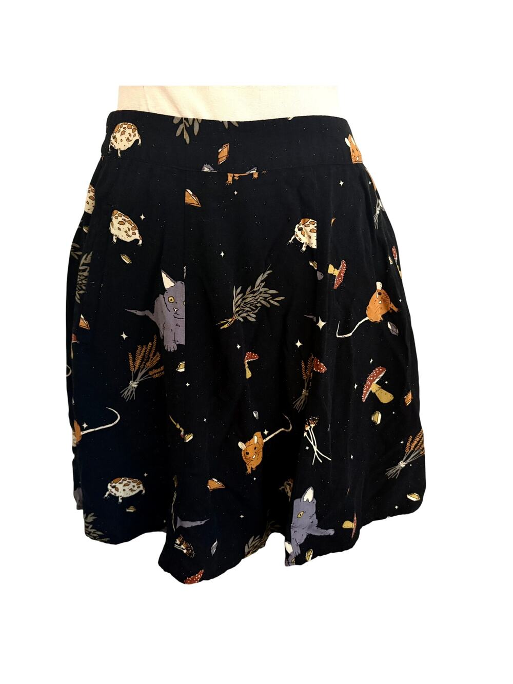 Black Friday Cat & Mushroom Mini Skater Skirt Whimsygoth Indie Forest Fairy